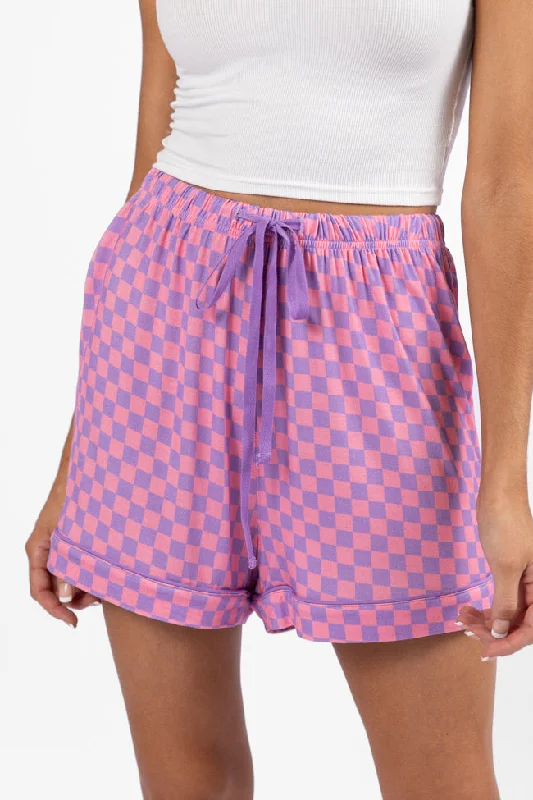 Good To Get Away Light Pink and Lilac Checkered Pajama Shorts