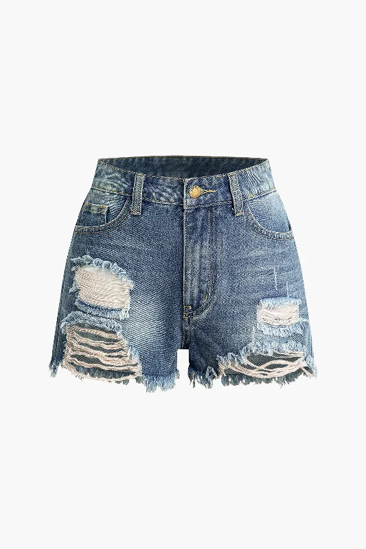 Frayed Destroyed Denim Shorts