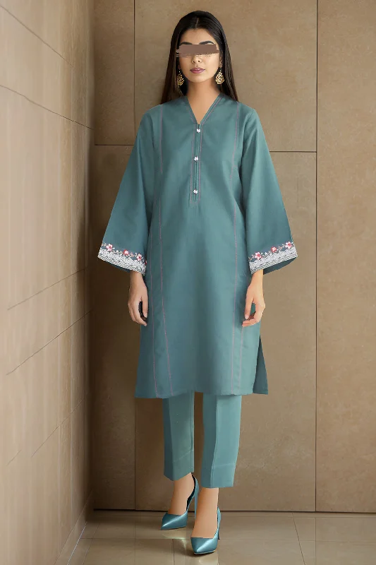 Solid Embroidered Cotton Stitched 2 Piece (Shirt/Trouser)