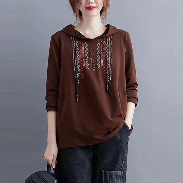 Casual Hooded Sweatshirt  Vintage Embroidery Loose Female Long Sleeve Hoodies