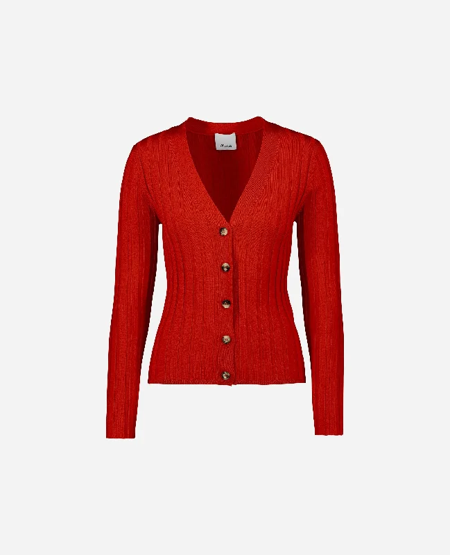 V-Strickjacke aus Wolle in Rot