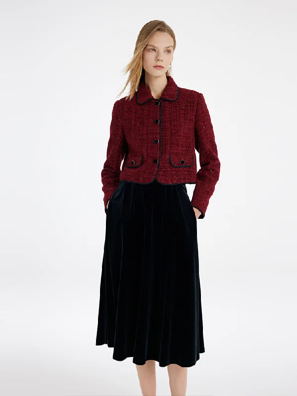 Tweed Jacket And Velvet Skirt Two-Piece Set With Detachable Bowknot