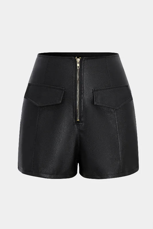 Faux Leather High Waist Zipper Pocket Shorts