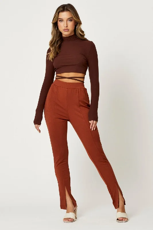 Brown High Rise Leggings Front Split