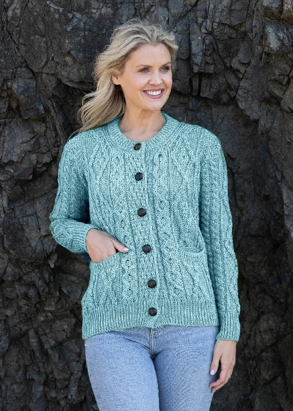 Ladies Aran Wool Cardigan | Aqua