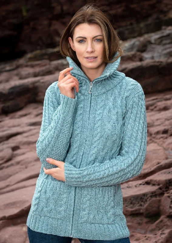 Aran Claddagh Zip Cardigan | Aqua