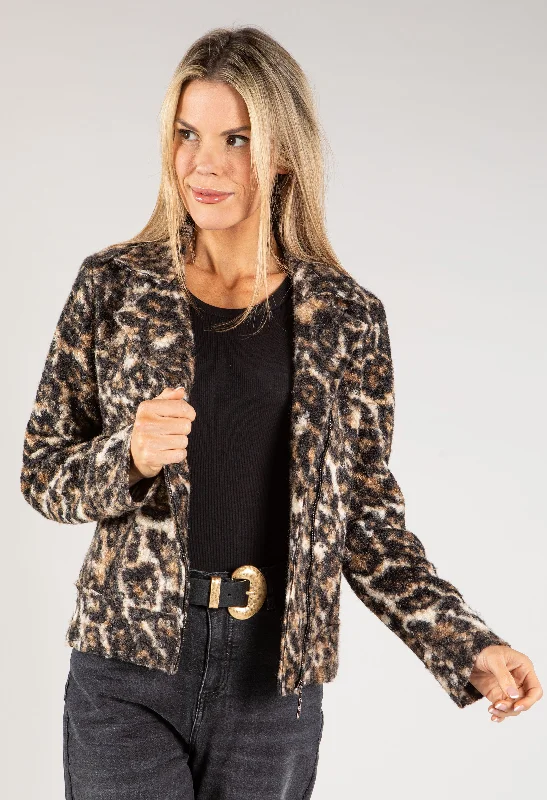 Boucle Leo Print Biker Jacket