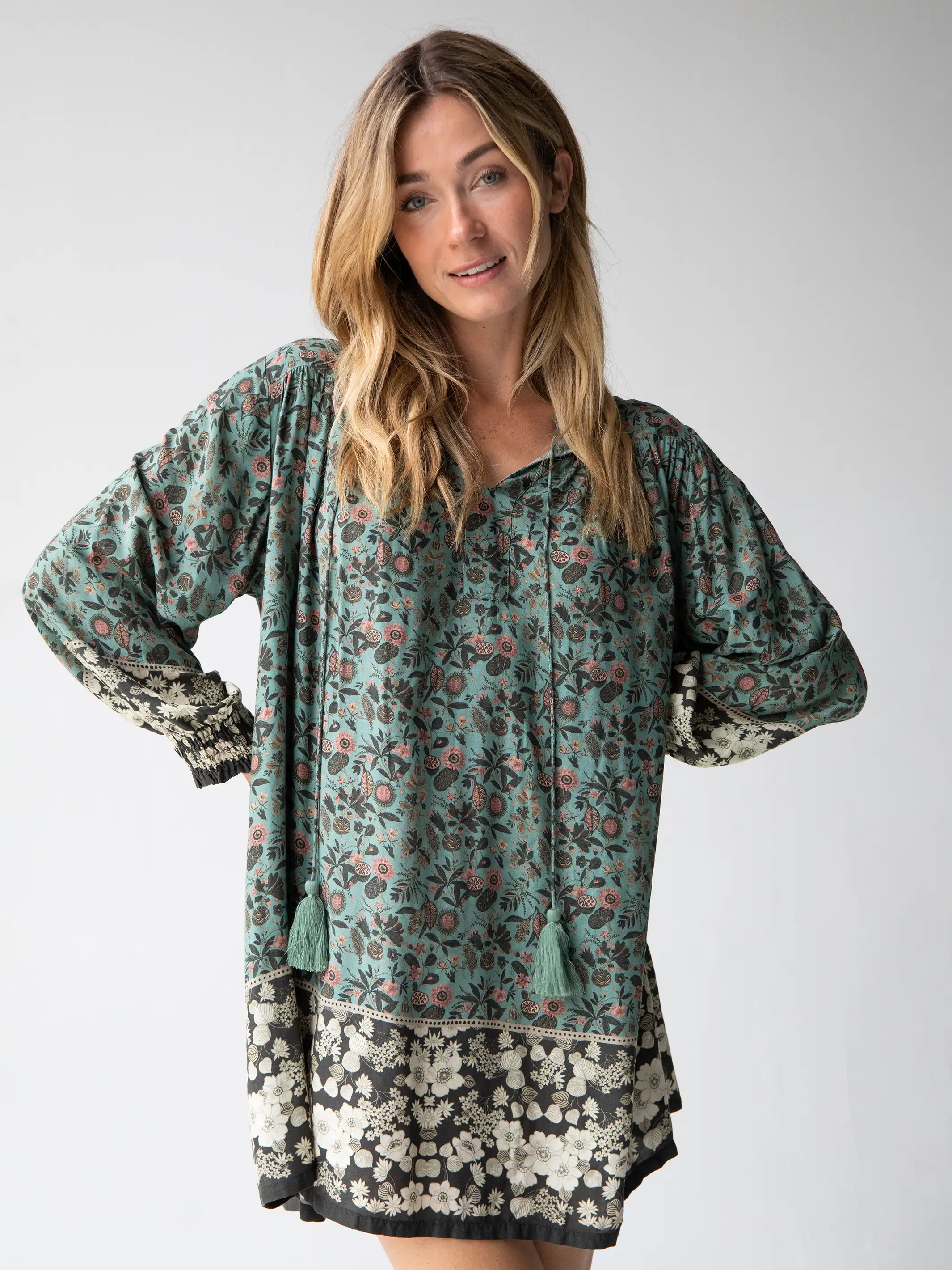 Dara V-Neck Tunic Dress - Sage Black Floral Border