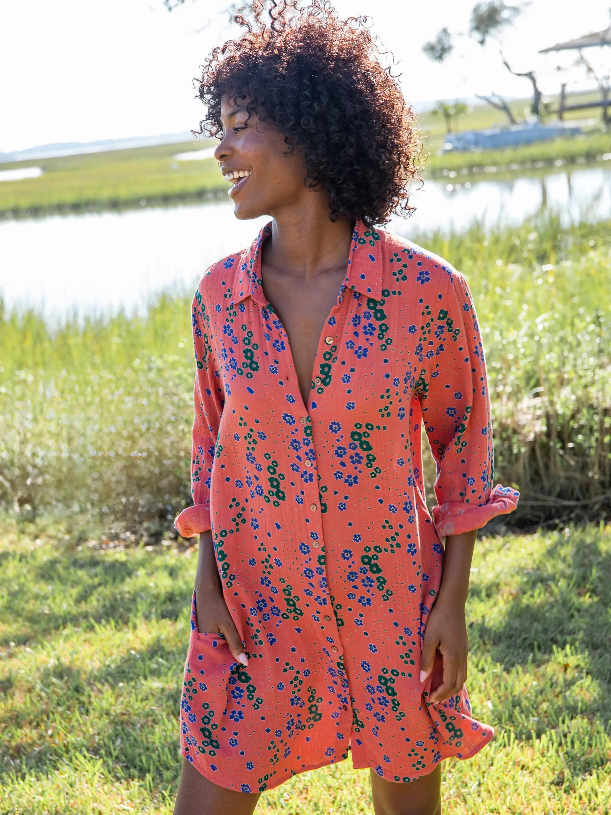 Georgia Cotton Gauze Shirt Dress - Red Green Floral