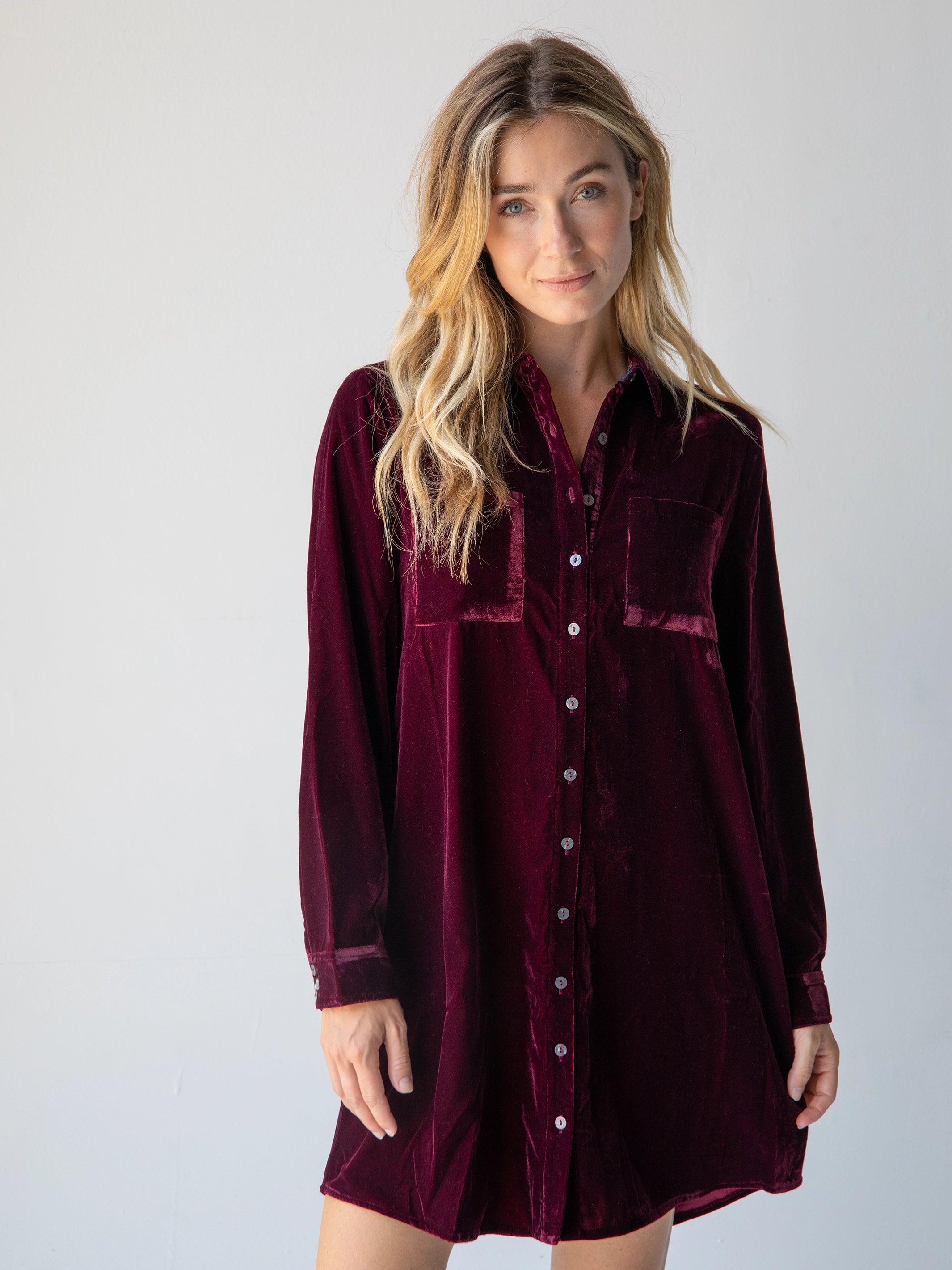 Rocky Velvet Shirt Dress - Cranberry