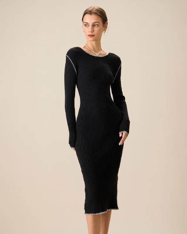 Women's Black Contrasting Ribbed Sweater Midi Dress