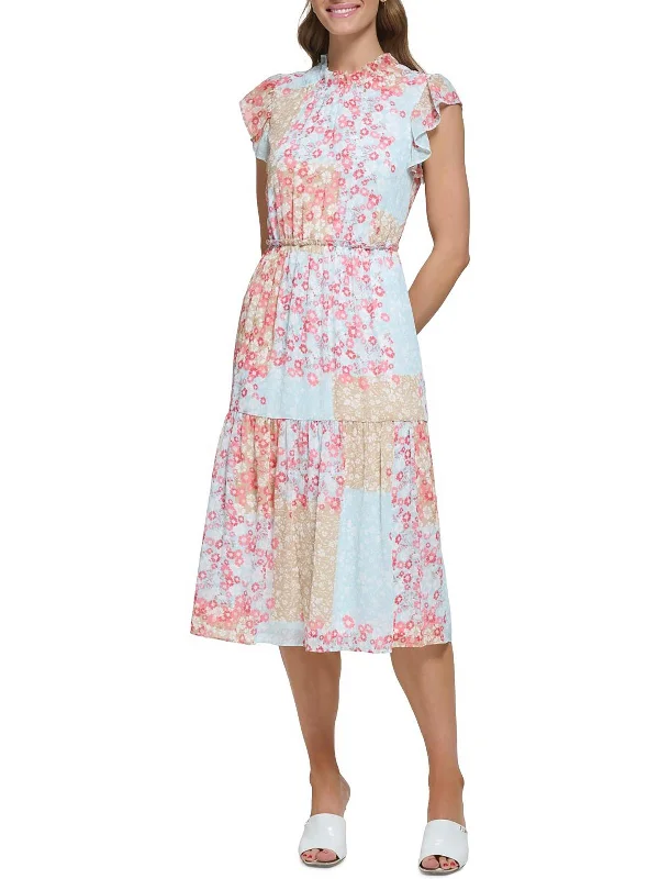 Womens Floral Tiered Midi Dress