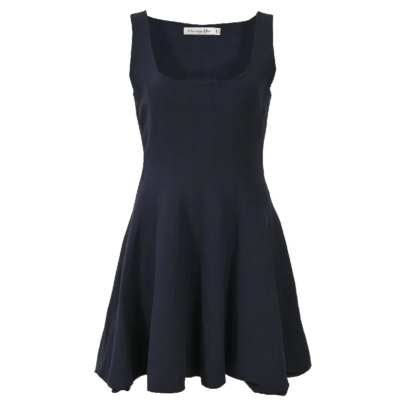 Christian Dior Panelled Square-Neck Mini Sleeveless Flare Dress in Navy Blue Viscose