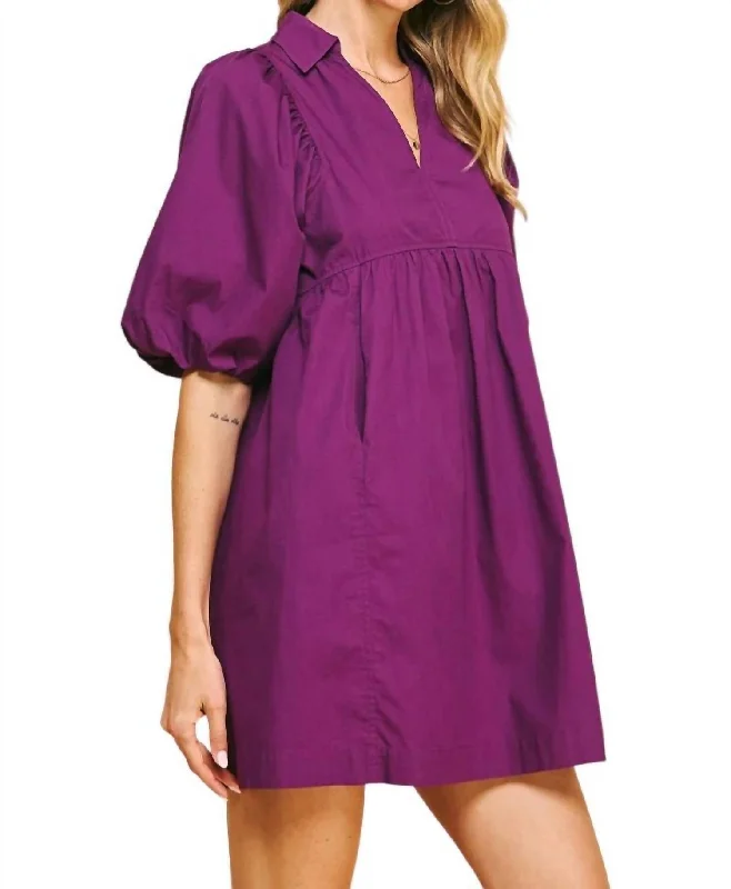 Easy Essential Collared Mini Dress In Eggplant Purple