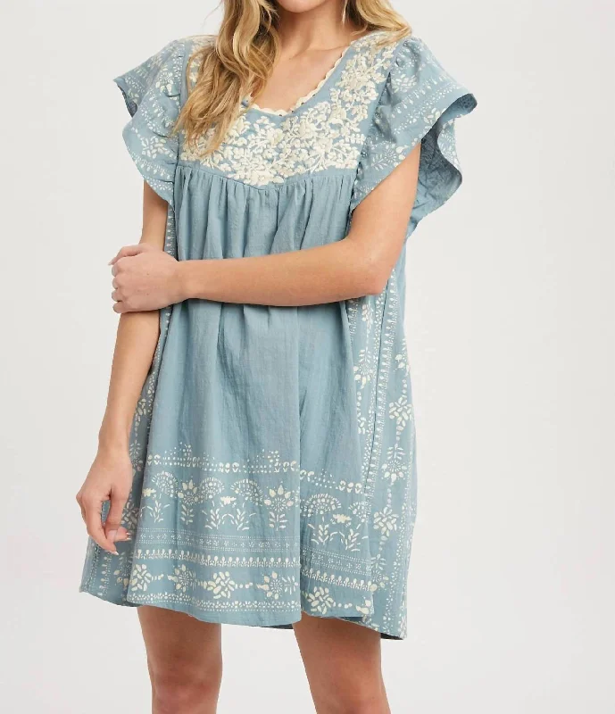 Embroidered Mini Dress In Chambray