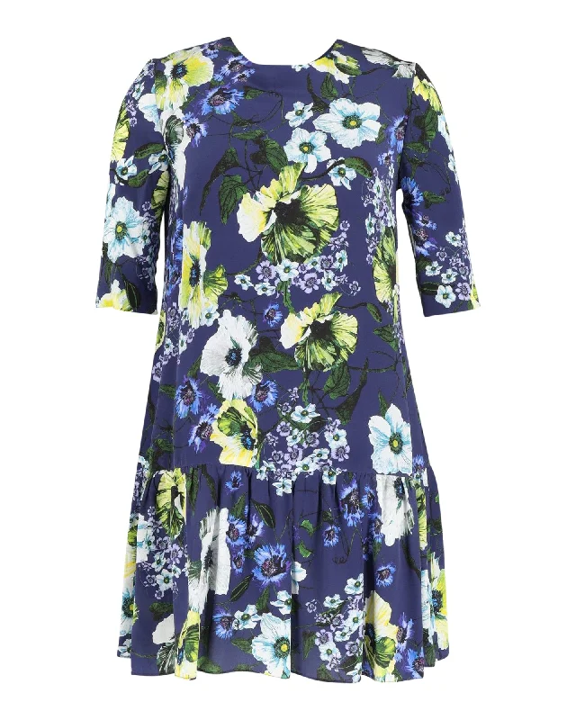 Erdem Floral Print Mini Dress in Blue Silk