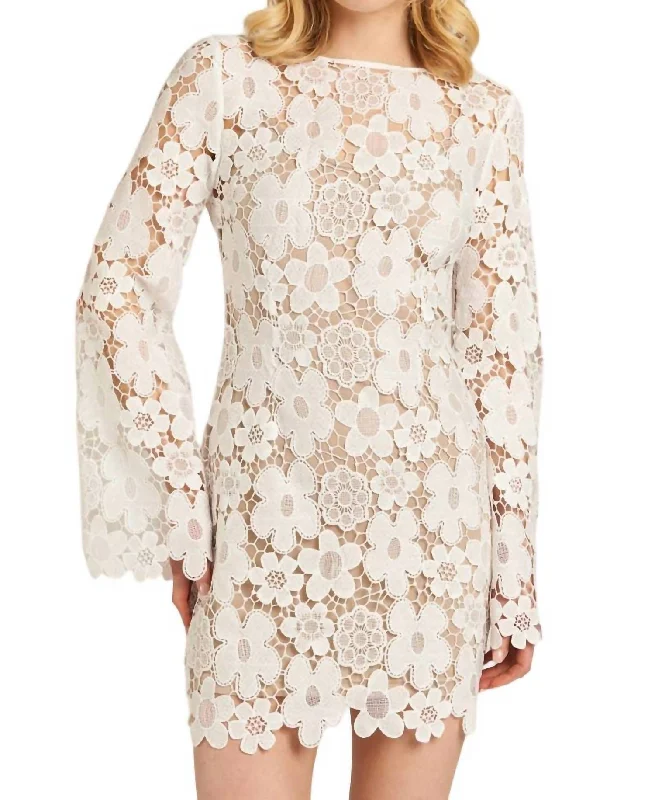 Floral Lace Bell Sleeve Mini Dress In White Nude