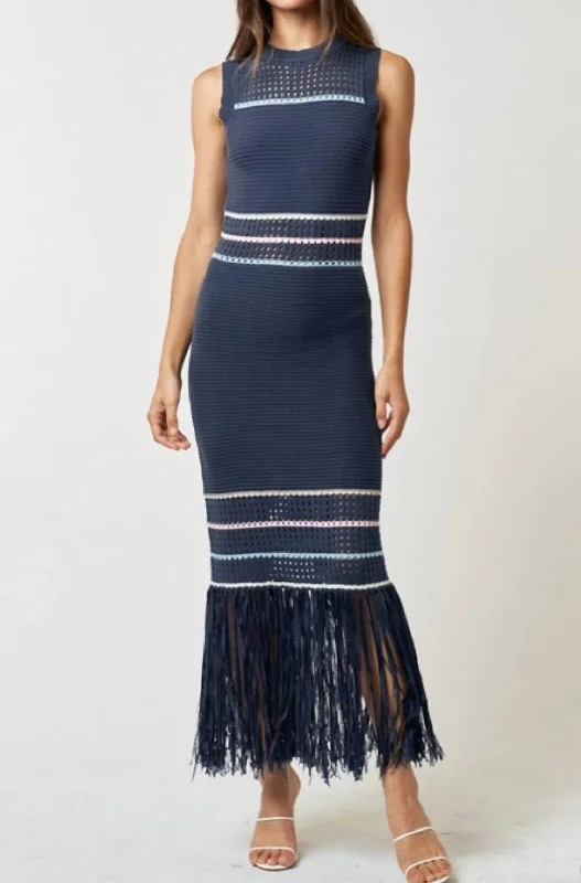 Fringe Hem Maxi Dress In Navy