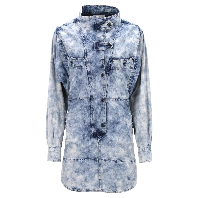 Isabel Marant Étoile Inaroa Acid Washed Mini Long Sleeve Dress in Light Blue Cotton