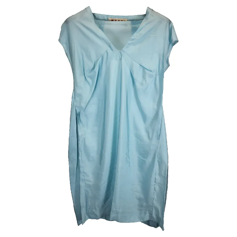 Marni Mini V-Neck Short Sleeve Dress in Light Blue Cotton