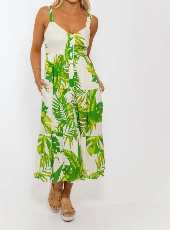 Palm Linen Button Maxi Dress In Green