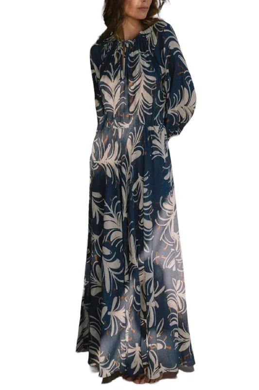 Raquel Bea Maxi Dress In Large Leaf Navy