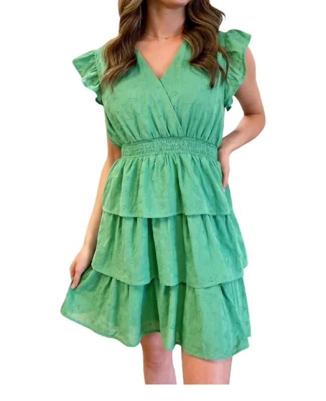 Ruffle Sleeve Tiered Mini Dress In Kelly Green