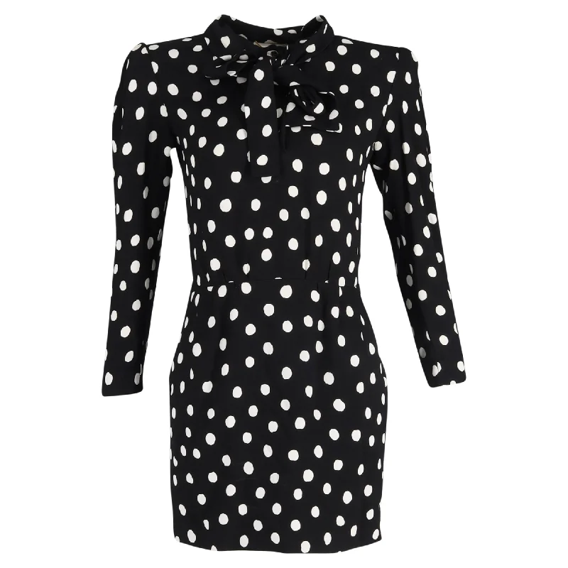 Saint Laurent Polka Dot Printed Mini Bow-Tie Long Sleeve Dress in Black Viscose