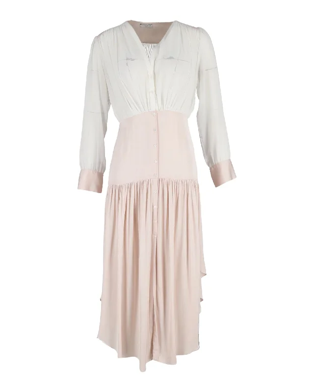 Sandro Olive Asymmetric Gathered Maxi Dress in Pink and White Silk