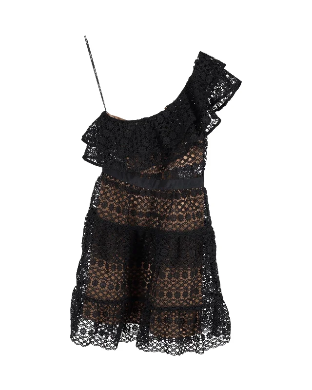 Self-Portrait Lace Overlay One-Shoulder Mini Dress in Black Polyester