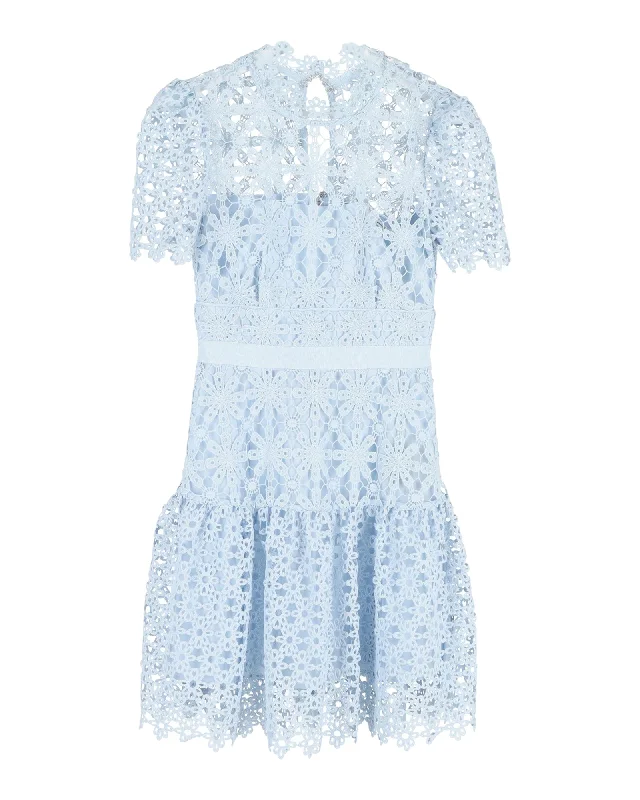 Self-Portrait Short Sleeve Mini Dress in Light Blue Polyester Lace