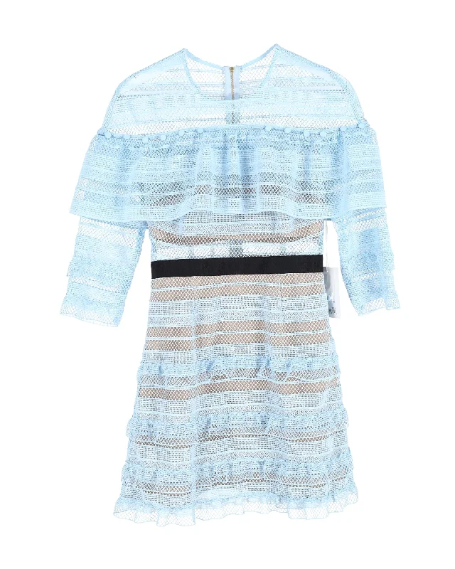 Self-Portrait Stripe Grid Mini Dress in Light Blue Polyester