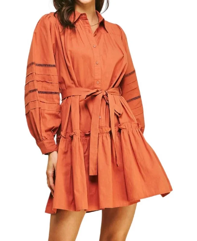 Take A Chance Buttondown Belted Mini Dress In Pumpkin Orange