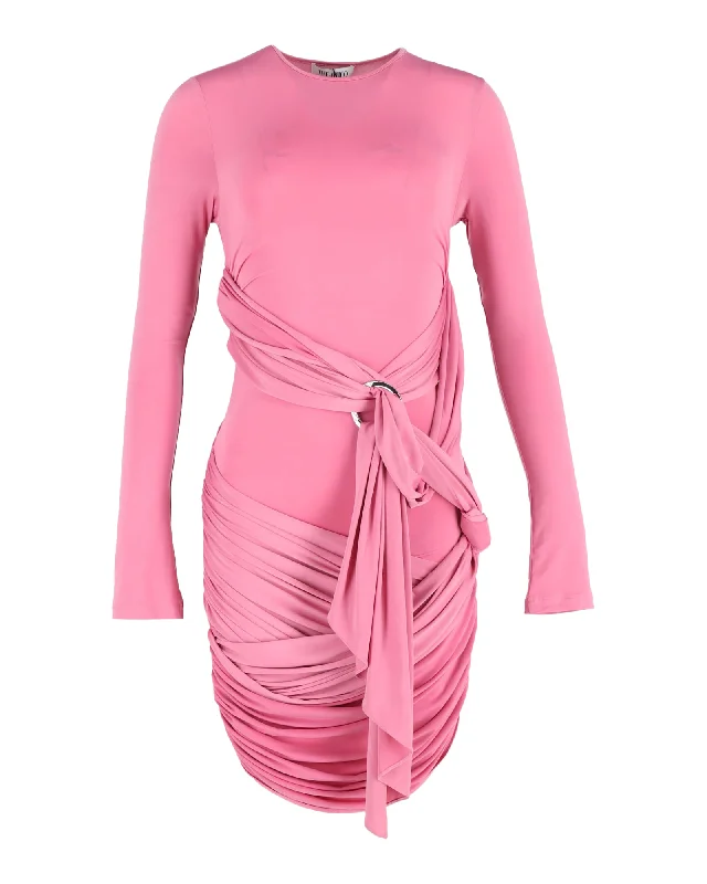 The Attico Draped Long-Sleeve Mini Dress in Pink Polyester