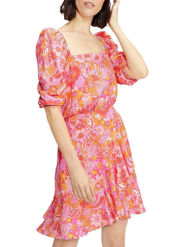 Womens Mini Puff Sleeve Fit & Flare Dress