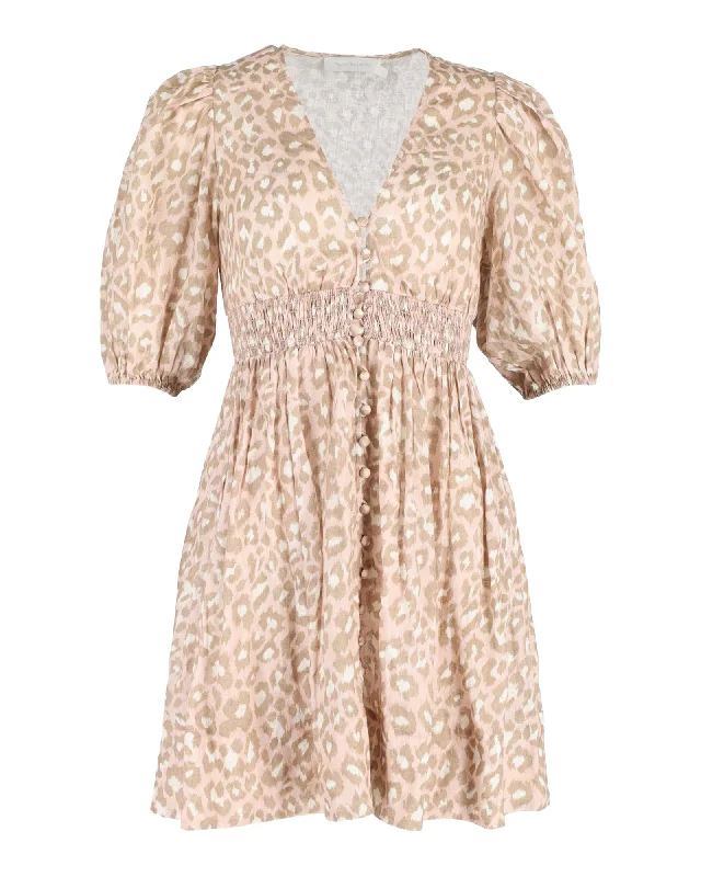 Zimmermann Carnaby Shirred Leopard-Print Mini Dress in Pink Linen