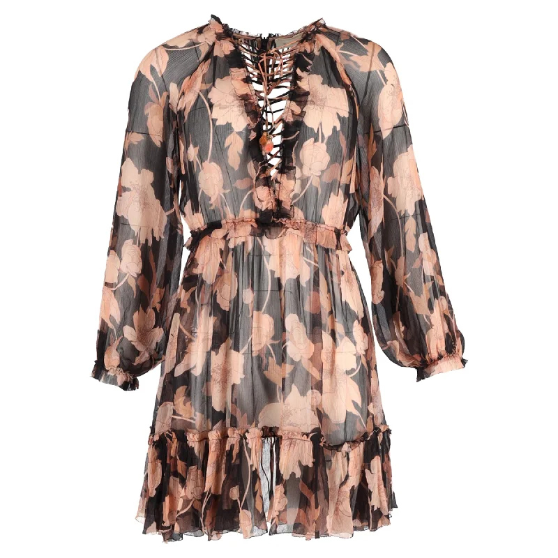 Zimmermann Floral Print Mini Concert Lace Up Dress in Black and Orange Silk Crepe