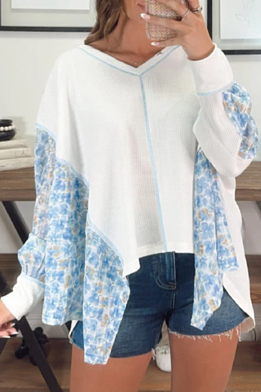 Abstract Floral Patchwork Batwing Sleeve V Neck Blouse