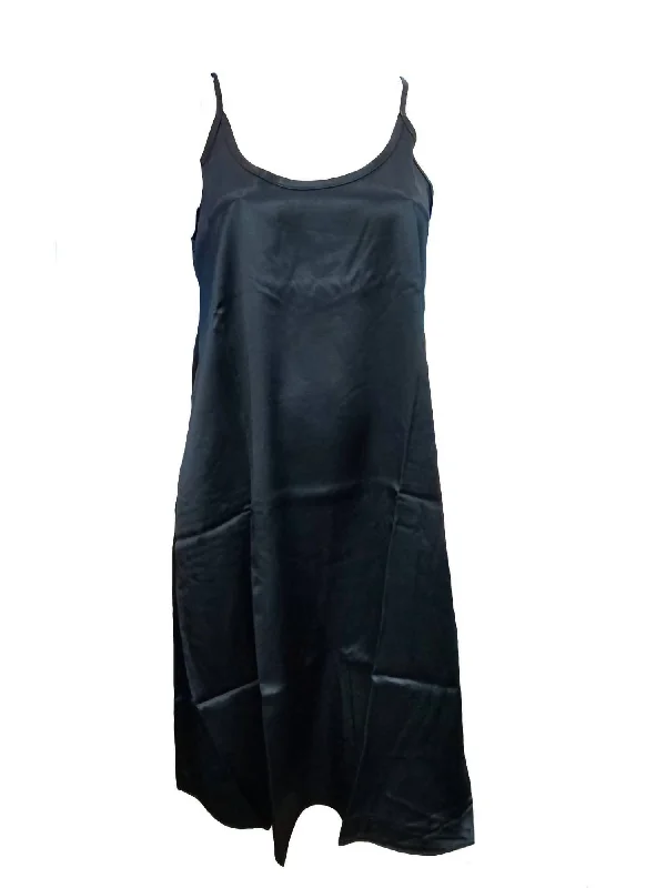 Ruby Satin Knee Length Gown With Spaghetti Straps & Gathered Back In Black