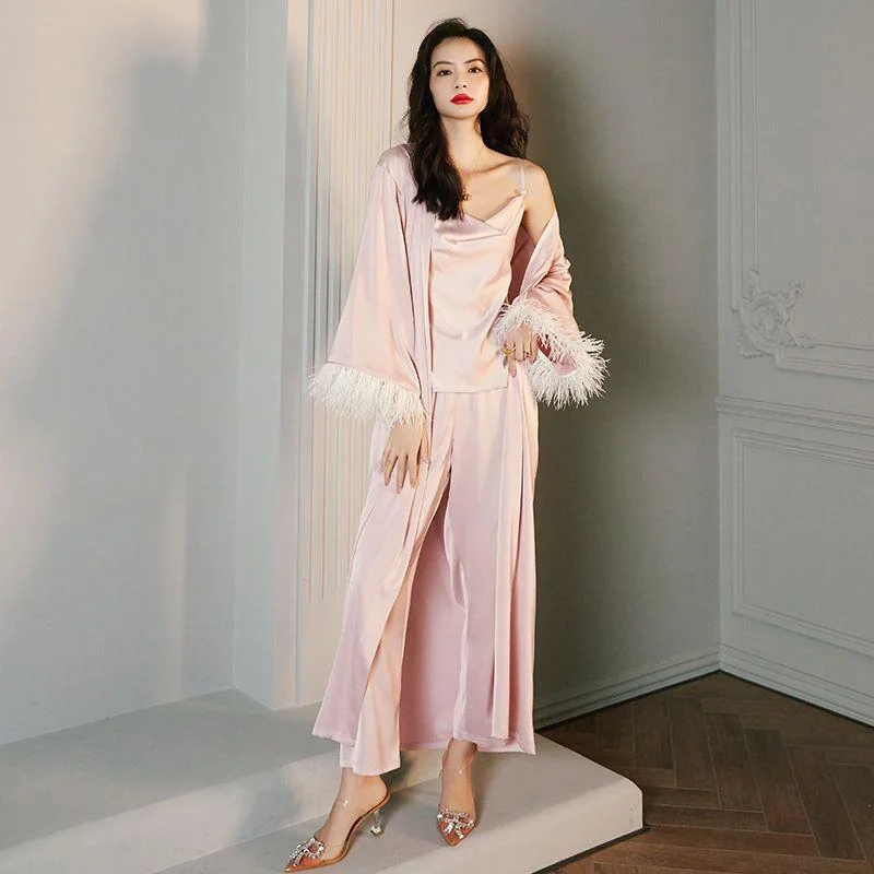 3 Pic Feather Cuff  Satin Silk Pink Pajamas Set 2658+2659