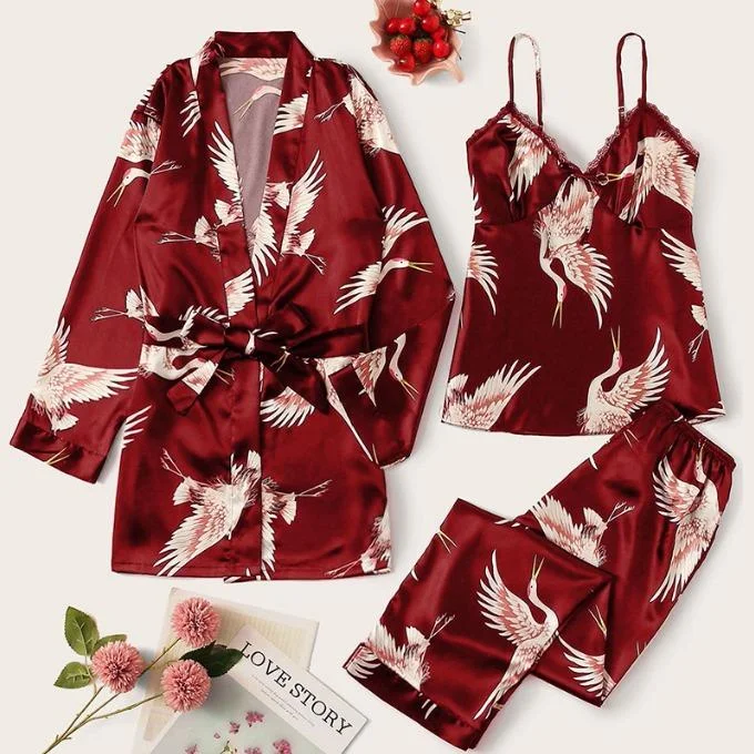 3 Pics Peacock Printed Satin Silk Red Pajama Set STZ1320