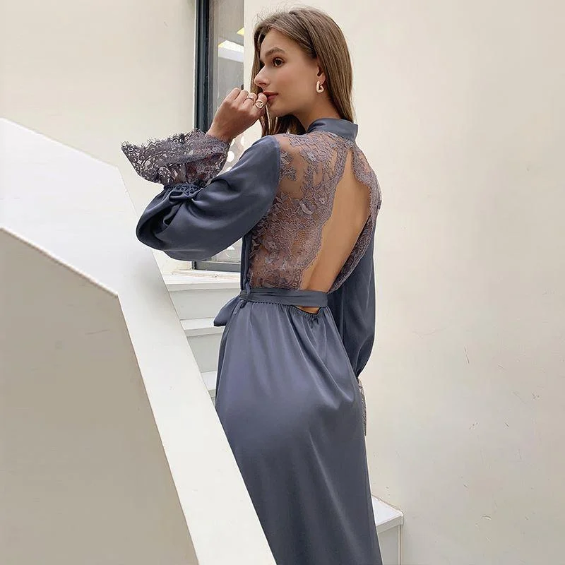 Lace Backless Satin Silk Maxi Pajama Dress 2701