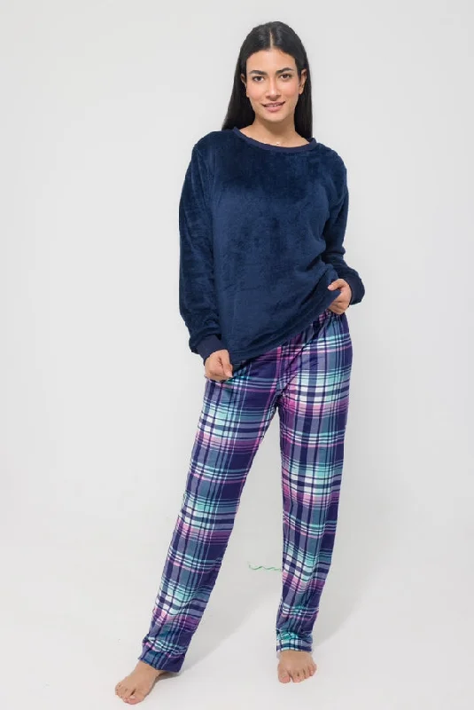 Navy Women Plaid Fleece Pjs