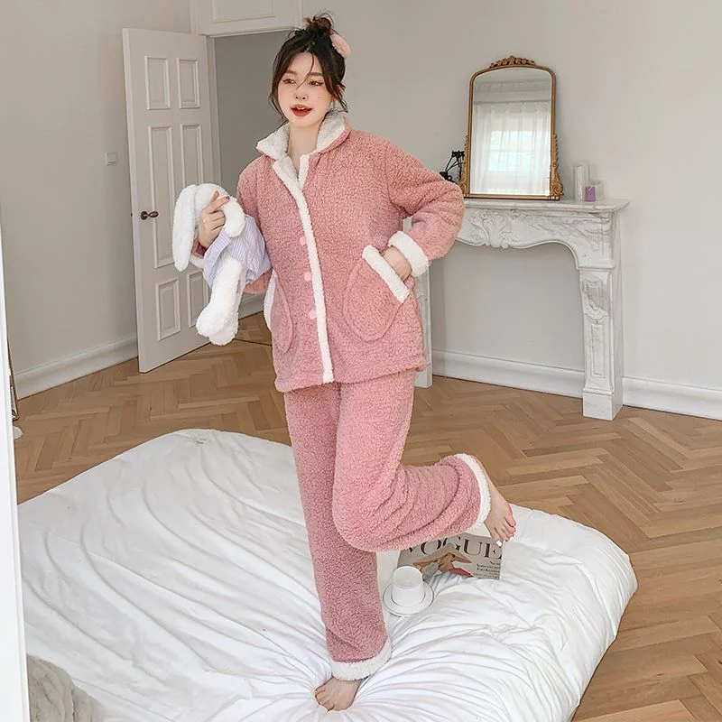 Women Front Pocket Coral Fleece Flannel Pajama Set 30CZ08-1